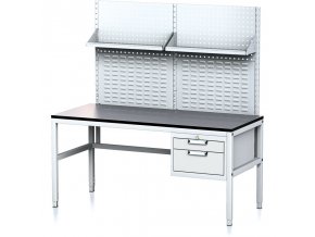 Nastavitelný dílenský stůl MECHANIC II s perfopanelem a policemi, 2 zásuvkový box na nářadí, 1600x700x745-985 mm, šedá/šedá