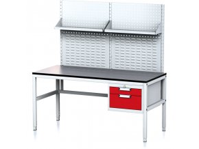 Nastavitelný dílenský stůl MECHANIC II s perfopanelem a policemi, 2 zásuvkový box na nářadí, 1600x700x745-985 mm, šedá/červená