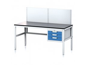 Nastavitelný dílenský stůl MECHANIC II s perfopanelem, 3 zásuvkový box na nářadí, 1600x700x745-985 mm, šedá/modrá