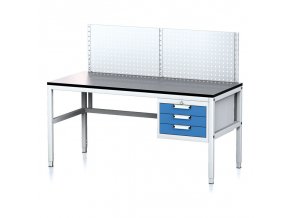 Nastavitelný dílenský stůl MECHANIC II s perfopanelem, 3 zásuvkový box na nářadí, 1600x700x745-985 mm, šedá/modrá