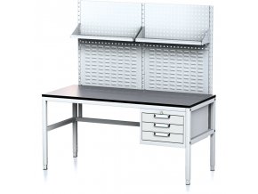 Nastavitelný dílenský stůl MECHANIC II s perfopanelem a policemi, 3 zásuvkový box na nářadí, 1600x700x745-985 mm, šedá/šedá