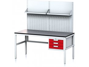 Nastavitelný dílenský stůl MECHANIC II s perfopanelem a policemi, 3 zásuvkový box na nářadí, 1600x700x745-985 mm, šedá/červená