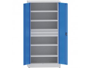 Dílenská kovová skříň na nářadí KOVONA, 4 police, 2 zásuvky, svařovaná, nosnost 80 kg, 950 x 500 x 1950 mm