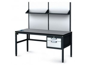 Antistatický dílenský ESD stůl s perfopanelem a policemi, 2 zásuvkový box na nářadí, 1600x800x745-985 mm