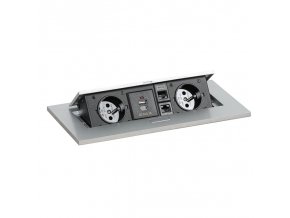Zásuvkový box TYP II - výklopný, 2x zásuvka, USB-A + USB-C, 2x RJ45 port, stříbrná