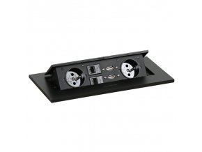 Zásuvkový box TYP III - výklopný, 2x zásuvka, 2x port USB data, 2x RJ45 port, černá