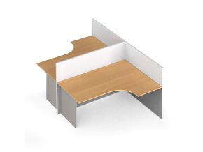 Rohový kancelářský stůl PRIMO s paravany, tvar T, magnetická tabule, 2 místa, šedá/buk