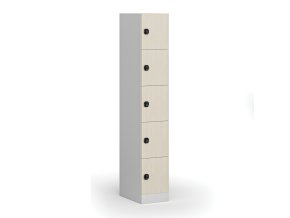 Šatní skříňka s úložnými boxy, 5 boxů, 1850 x 300 x 500 mm, kódový zámek, laminované dveře, bříza