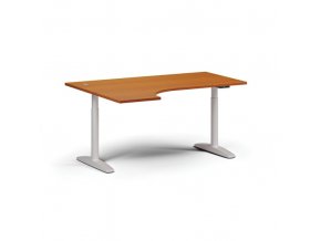 Výškově nastavitelný stůl OBOL, elektrický, 675-1325 mm, rohový levý, deska 1600x1200 mm, bílá zaoblená podnož, třešeň