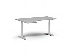 Výškově nastavitelný stůl OBOL, elektrický, 675-1325 mm, rohový levý, deska 1600x1200 mm, bílá zaoblená podnož, šedá