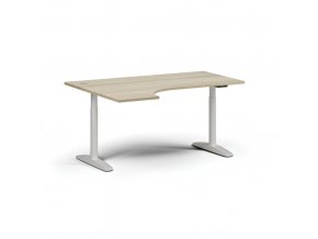Výškově nastavitelný stůl OBOL, elektrický, 675-1325 mm, rohový levý, deska 1600x1200 mm, bílá zaoblená podnož, dub přírodní