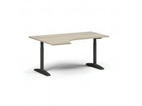 Výškově nastavitelný stůl OBOL, elektrický, 675-1325 mm, rohový levý, deska 1600x1200 mm, černá zaoblená podnož, dub přírodní
