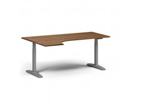 Výškově nastavitelný stůl, elektrický, 675-1325 mm, rohový levý, deska 1800x1200 mm, šedá podnož, ořech