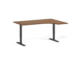 Rohový výškově nastavitelný stůl, 160x120 cm, 2 motory, L/P, černá podnož, ořech