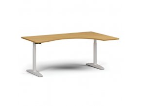 Výškově nastavitelný stůl OBOL, elektrický, 675-1325 mm, ergonomický pravý, deska 1800x1200 mm, bílá zaoblená podnož, buk