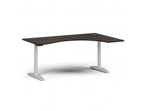Výškově nastavitelný stůl OBOL, elektrický, 675-1325 mm, ergonomický pravý, deska 1800x1200 mm, bílá zaoblená podnož, wenge