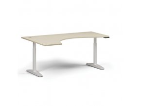 Výškově nastavitelný stůl OBOL, elektrický, 675-1325 mm, ergonomický levý, deska 1800x1200 mm, bílá zaoblená podnož, bříza