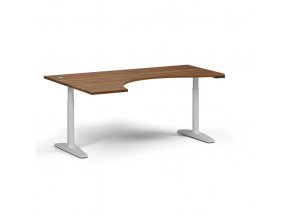 Výškově nastavitelný stůl OBOL, elektrický, 675-1325 mm, ergonomický levý, deska 1800x1200 mm, bílá zaoblená podnož, ořech
