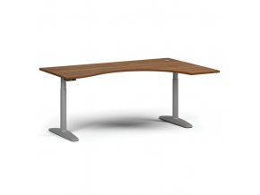 Výškově nastavitelný stůl OBOL, elektrický, 675-1325 mm, ergonomický pravý, deska 1800x1200 mm, šedá zaoblená podnož, ořech