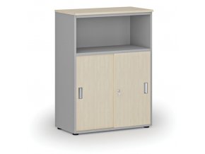 Kombinovaná kancelářská skříň se zásuvnými dveřmi PRIMO GRAY, 1087 x 800 x 420 mm, šedá/bříza