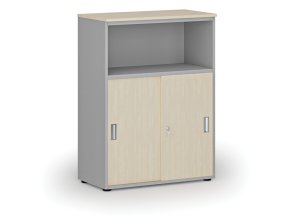 Kombinovaná kancelářská skříň se zásuvnými dveřmi PRIMO GRAY, 800 x 420 x 1087 mm, šedá/bříza
