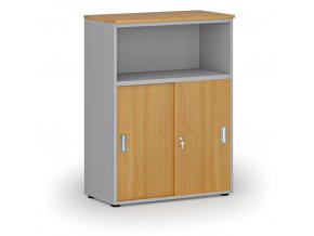 Kombinovaná kancelářská skříň se zásuvnými dveřmi PRIMO GRAY, 1087 x 800 x 420 mm, šedá/buk
