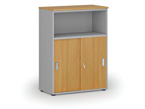 Kombinovaná kancelářská skříň se zásuvnými dveřmi PRIMO GRAY, 800 x 420 x 1087 mm, šedá/buk