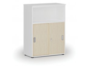 Kombinovaná kancelářská skříň se zásuvnými dveřmi PRIMO WHITE, 1087 x 800 x 420 mm, bílá/bříza