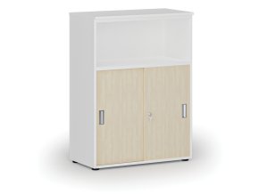 Kombinovaná kancelářská skříň se zásuvnými dveřmi PRIMO WHITE, 800 x 420 x 1087 mm, bílá/bříza
