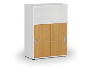 Kombinovaná kancelářská skříň se zásuvnými dveřmi PRIMO WHITE, 1087 x 800 x 420 mm, bílá/buk