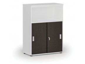 Kombinovaná kancelářská skříň se zásuvnými dveřmi PRIMO WHITE, 1087 x 800 x 420 mm, bílá/wenge
