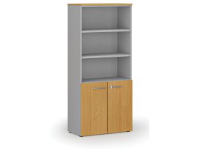 Kombinovaná kancelářská skříň PRIMO GRAY, dveře na 2 patra, 800 x 420 x 1781 mm, šedá/buk