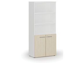 Kombinovaná kancelářská skříň PRIMO WHITE, dveře na 2 patra, 800 x 420 x 1781 mm, bílá/bříza