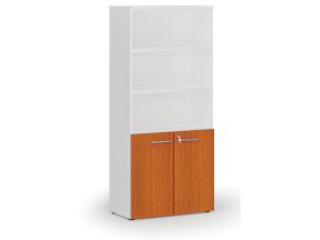 Kombinovaná kancelářská skříň PRIMO WHITE, dveře na 2 patra, 800 x 420 x 1781 mm, bílá/třešeň
