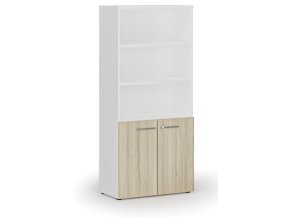 Kombinovaná kancelářská skříň PRIMO WHITE, dveře na 2 patra, 800 x 420 x 1781 mm, bílá/dub přírodní