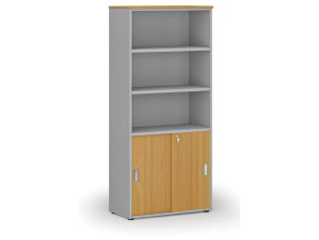 Kombinovaná kancelářská skříň PRIMO GRAY, zasouvací dveře na 2 patra, 800 x 420 x 1781 mm, šedá/buk