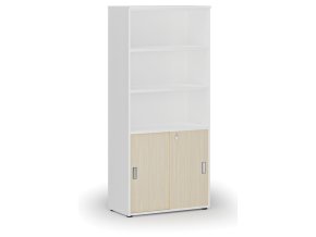 Kombinovaná kancelářská skříň PRIMO WHITE, zasouvací dveře na 2 patra, 800 x 420 x 1781 mm, bílá/bříza