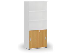 Kombinovaná kancelářská skříň PRIMO WHITE, zasouvací dveře na 2 patra, 800 x 420 x 1781 mm, bílá/buk