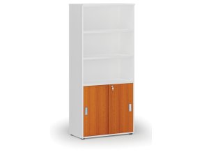 Kombinovaná kancelářská skříň PRIMO WHITE, zasouvací dveře na 2 patra, 800 x 420 x 1781 mm, bílá/třešeň