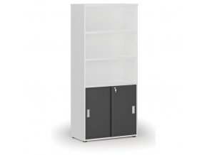 Kombinovaná kancelářská skříň PRIMO WHITE, zasouvací dveře na 2 patra, 1781 x 800 x 420 mm, bílá/grafit
