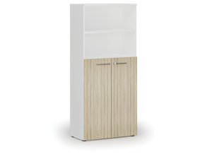 Kombinovaná kancelářská skříň PRIMO WHITE, dveře na 3 patra, 800 x 420 x 1781 mm, bílá/dub přírodní
