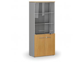 Kombinovaná kancelářská skříň PRIMO GRAY s dřevěnými a skleněnými dveřmi, 1781 x 800 x 420 mm, šedá/buk