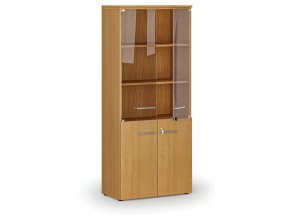 Kombinovaná kancelářská skříň PRIMO WOOD s dřevěnými a skleněnými dveřmi, 800 x 420 x 1781 mm, buk