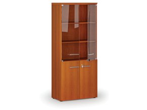 Kombinovaná kancelářská skříň PRIMO WOOD s dřevěnými a skleněnými dveřmi, 800 x 420 x 1781 mm, třešeň