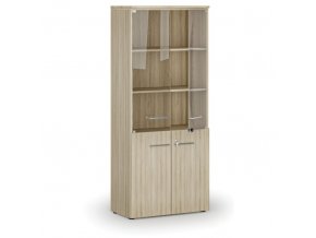 Kombinovaná kancelářská skříň PRIMO WOOD s dřevěnými a skleněnými dveřmi, 1781 x 800 x 420 mm, dub přírodní