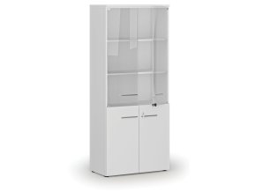 Kombinovaná kancelářská skříň PRIMO WHITE s dřevěnými a skleněnými dveřmi, 800 x 420 x 1781 mm, bílá