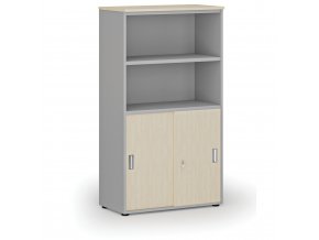 Kombinovaná kancelářská skříň PRIMO GRAY, zasouvací dveře na 2 patra, 1434 x 800 x 420 mm, šedá/bříza