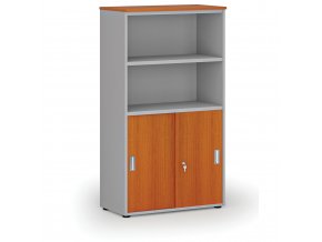 Kombinovaná kancelářská skříň PRIMO GRAY, zasouvací dveře na 2 patra, 1434 x 800 x 420 mm, šedá/třešeň