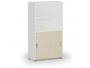 Kombinovaná kancelářská skříň PRIMO WHITE, zasouvací dveře na 2 patra, 1434 x 800 x 420 mm, bílá/bříza
