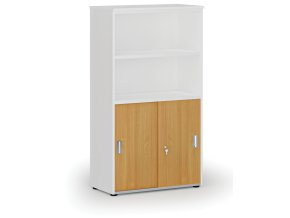 Kombinovaná kancelářská skříň PRIMO WHITE, zasouvací dveře na 2 patra, 800 x 420 x 1434 mm, bílá/buk